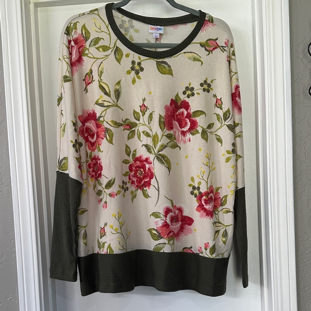 LuLaRoe  Tammy Cream Floral Scoop Neck Sweater with Olive Accents